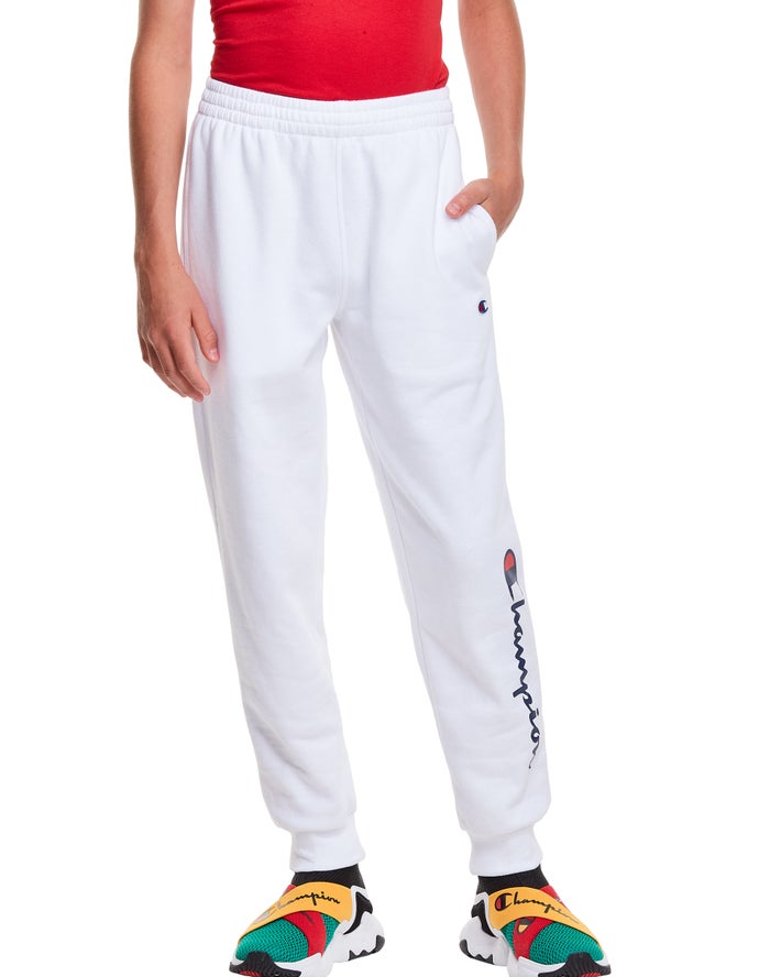 Champion Drenge Joggingbukser Hvide - Fleece Script Logo - Danmark FAN-075649